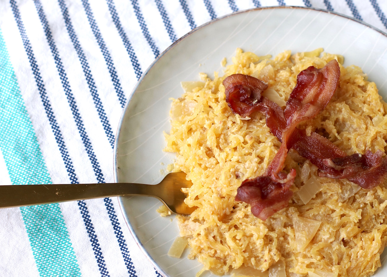 Spaghetti Squash Carbonara has the decadence of pasta carbonara deconstructed and made grain-free, gluten-free, dairy-free for special diets.