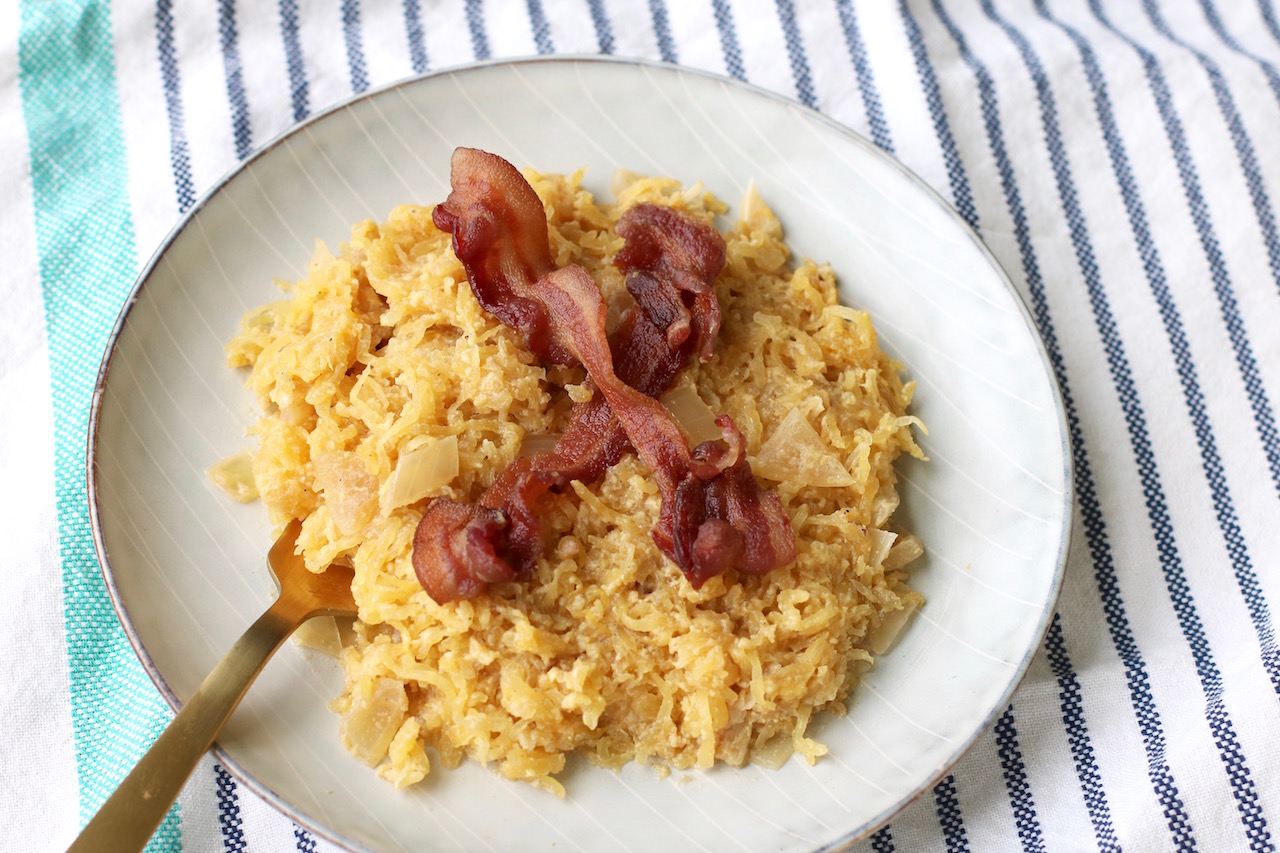 Spaghetti Squash Carbonara has the decadence of pasta carbonara deconstructed and made grain-free, gluten-free, dairy-free for special diets.