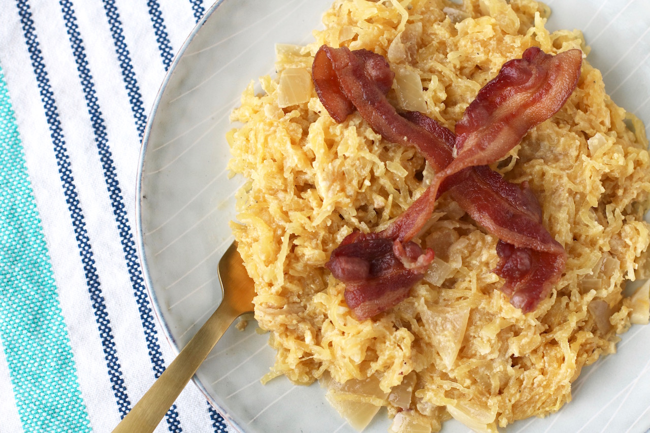 Spaghetti Squash Carbonara has the decadence of pasta carbonara deconstructed and made grain-free, gluten-free, dairy-free for special diets.